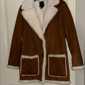 Brown and White Women's Faux Fur Coat